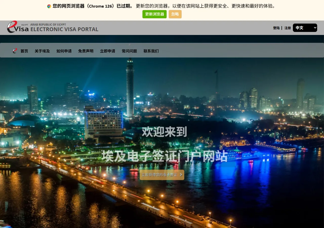 步骤 1 截图：埃及电子签证门户首页