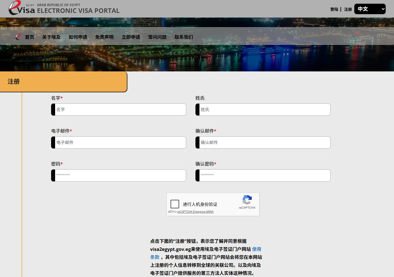 步骤 3 截图：埃及电子签证注册页