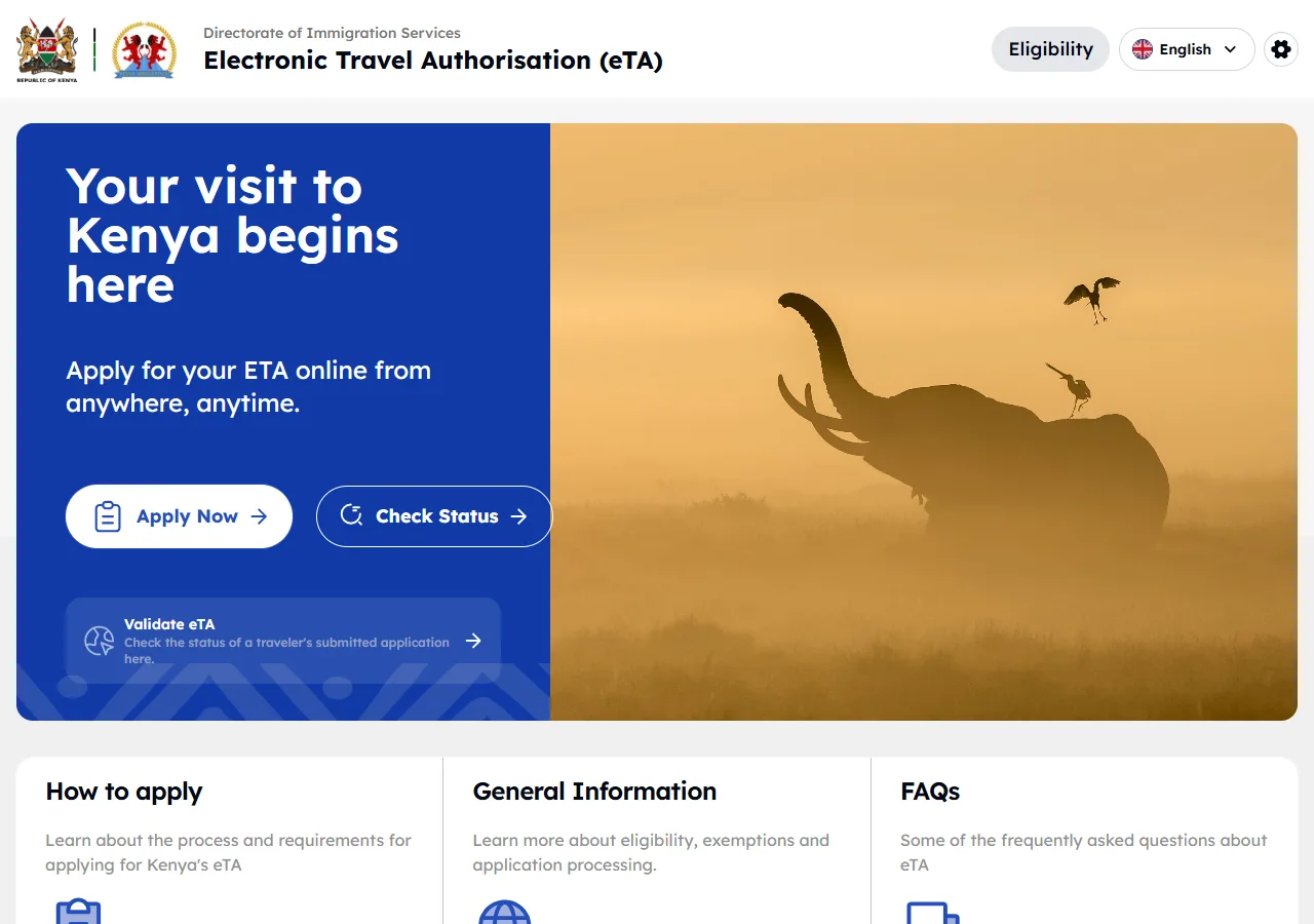 Screenshot of the official entry card website